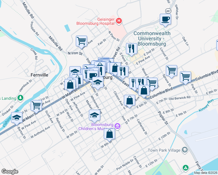 map of restaurants, bars, coffee shops, grocery stores, and more near 112116 East 3rd Street in Bloomsburg