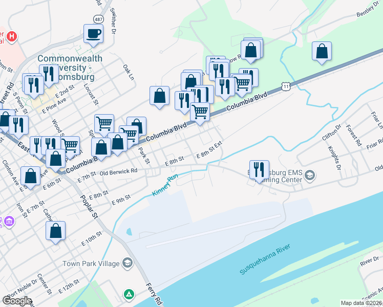 map of restaurants, bars, coffee shops, grocery stores, and more near 922 Ext E 8th Street in Bloomsburg