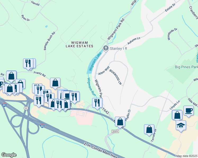 map of restaurants, bars, coffee shops, grocery stores, and more near 2182 Wigwam Park Road in Stroudsburg