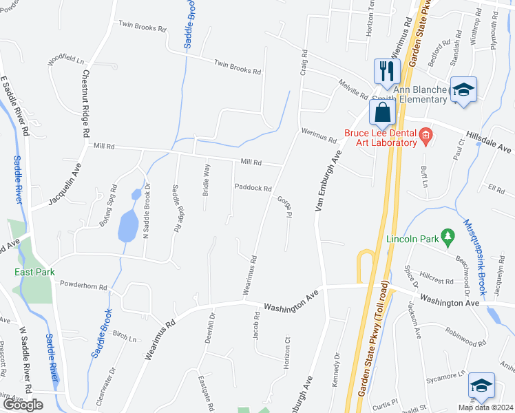 map of restaurants, bars, coffee shops, grocery stores, and more near 401 Wearimus Road in Ho-Ho-Kus