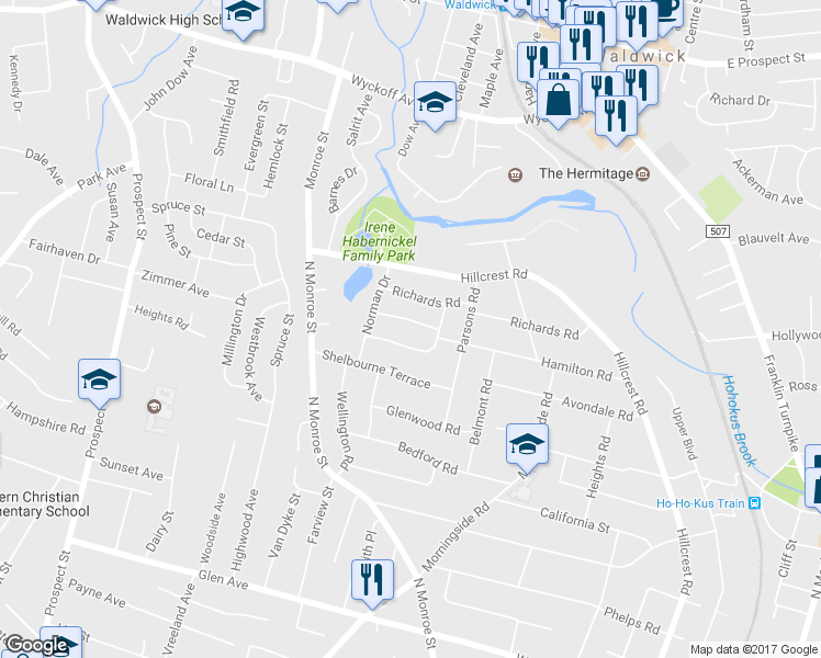map of restaurants, bars, coffee shops, grocery stores, and more near 384 Hamilton Road in Ridgewood
