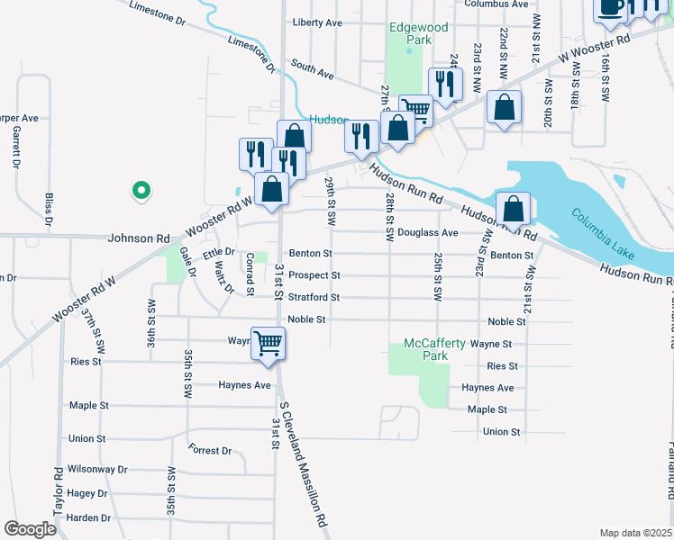 map of restaurants, bars, coffee shops, grocery stores, and more near 1317 Prospect Street in Barberton