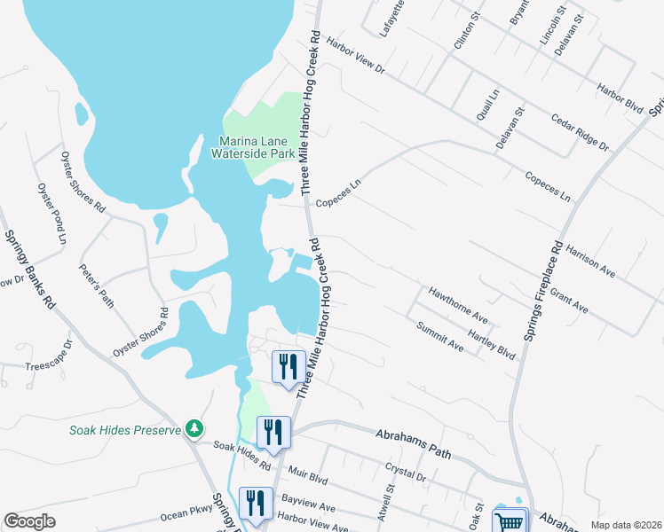 map of restaurants, bars, coffee shops, grocery stores, and more near 38 Three Mile Harbor Hog Creek Road in East Hampton