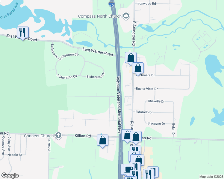 map of restaurants, bars, coffee shops, grocery stores, and more near 793 Chenoweth Drive in Akron