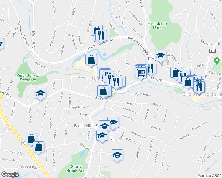 map of restaurants, bars, coffee shops, grocery stores, and more near 138 Main Street in Butler