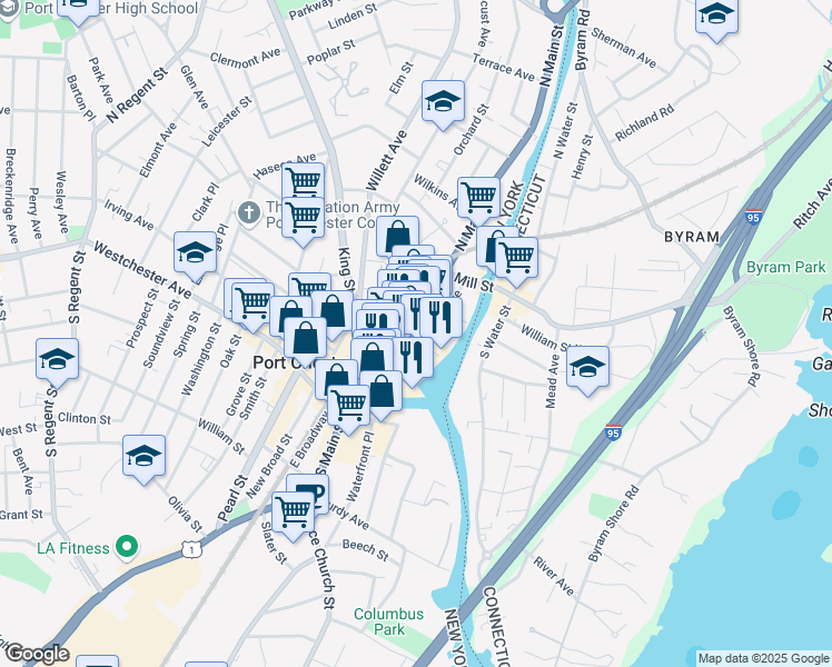 map of restaurants, bars, coffee shops, grocery stores, and more near 122 North Main Street in Port Chester