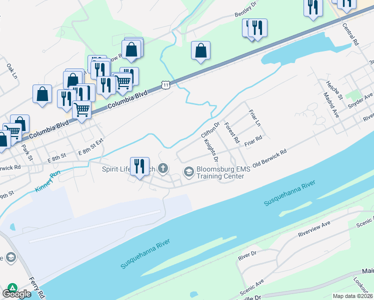 map of restaurants, bars, coffee shops, grocery stores, and more near 161 Clifton Drive in Bloomsburg