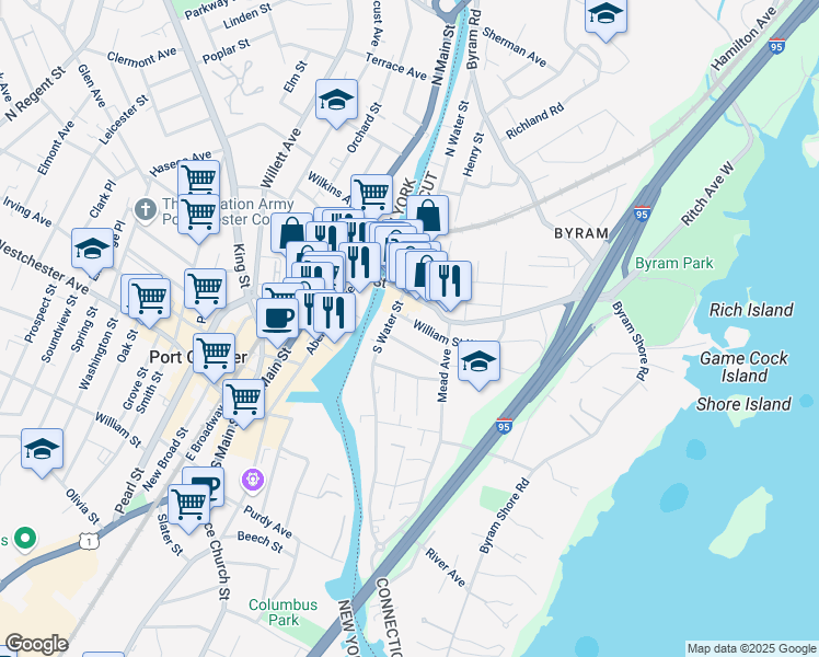 map of restaurants, bars, coffee shops, grocery stores, and more near 16 William Street West in Greenwich