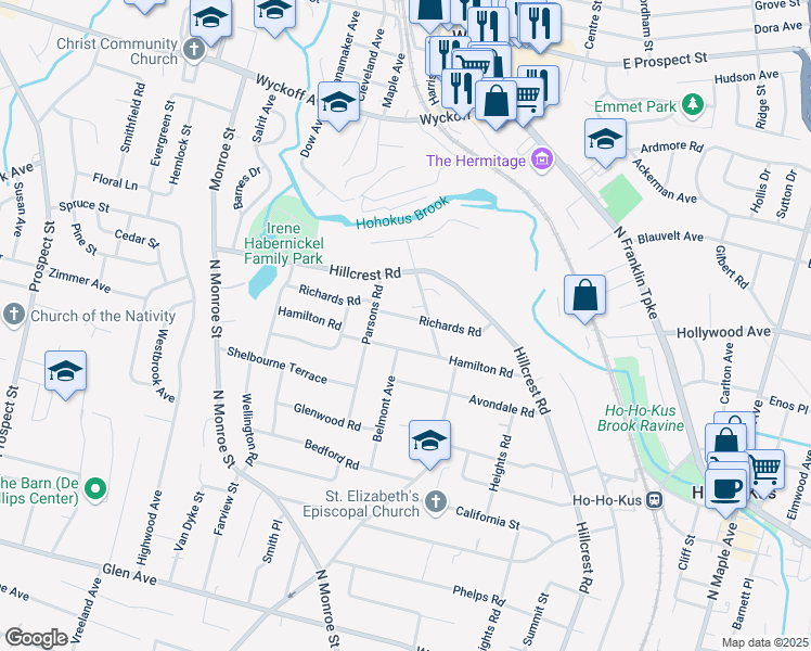 map of restaurants, bars, coffee shops, grocery stores, and more near 218 Richards Road in Ridgewood