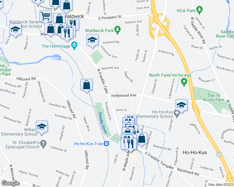 map of restaurants, bars, coffee shops, grocery stores, and more near 125 Hollywood Avenue in Ho-Ho-Kus