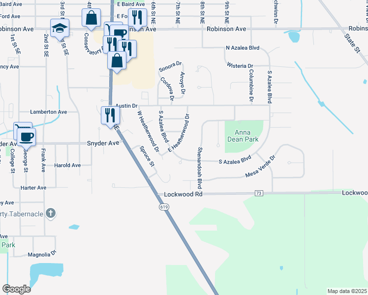 map of restaurants, bars, coffee shops, grocery stores, and more near 279 East Heatherwood Drive in Barberton