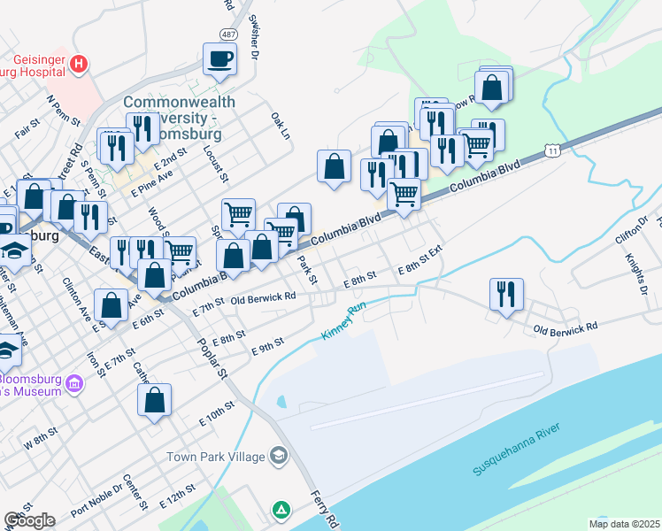 map of restaurants, bars, coffee shops, grocery stores, and more near 704 Oak Street in Bloomsburg