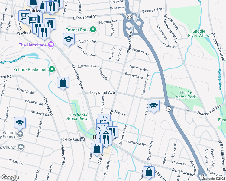 map of restaurants, bars, coffee shops, grocery stores, and more near 1 Gilbert Road in Ho-Ho-Kus