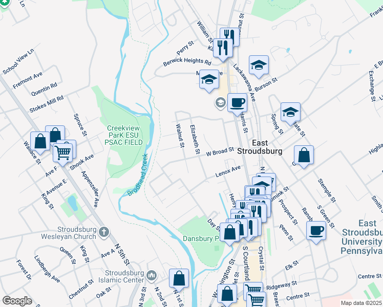 map of restaurants, bars, coffee shops, grocery stores, and more near 114 West Broad Street in East Stroudsburg