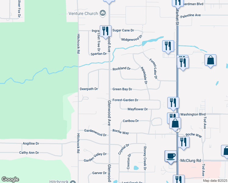 map of restaurants, bars, coffee shops, grocery stores, and more near 195 Green Bay Drive in Youngstown