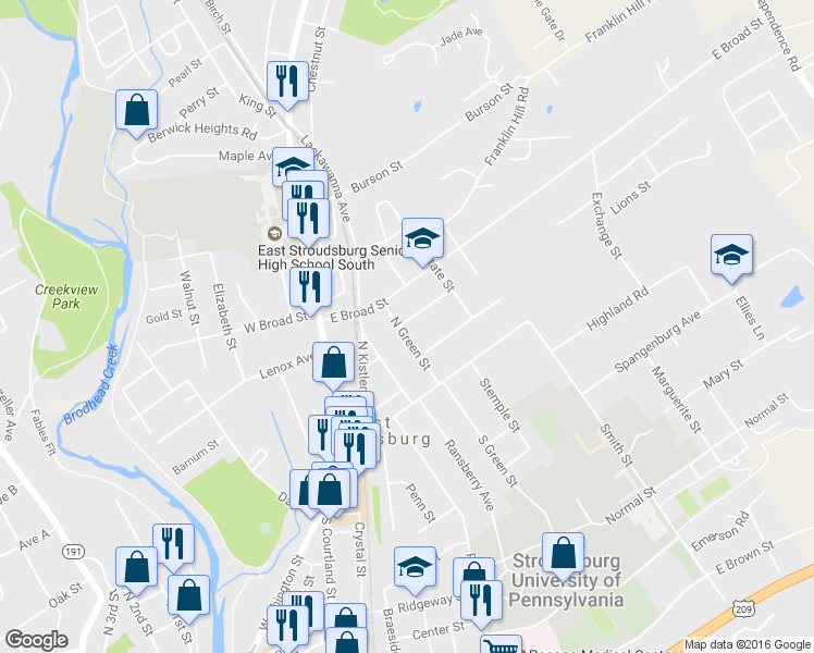 map of restaurants, bars, coffee shops, grocery stores, and more near 72 North Green Street in East Stroudsburg
