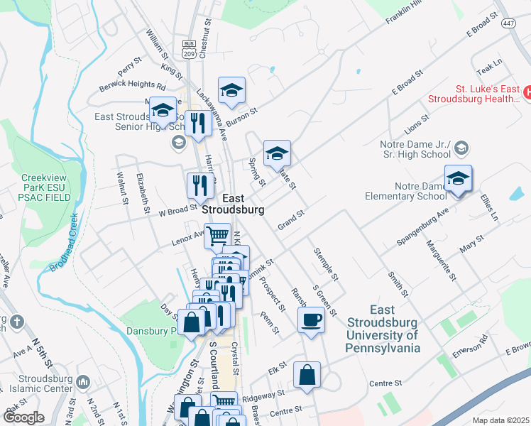 map of restaurants, bars, coffee shops, grocery stores, and more near 72 North Green Street in East Stroudsburg