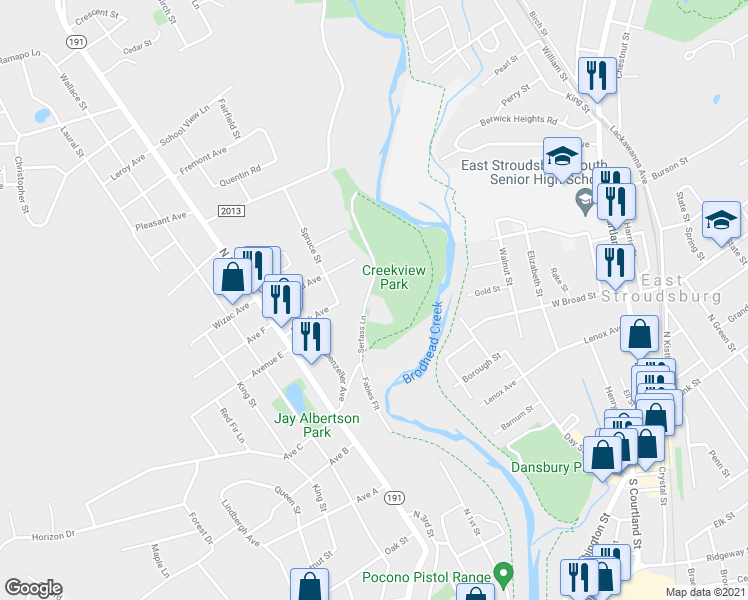 map of restaurants, bars, coffee shops, grocery stores, and more near 393 Powerhouse Lane in Stroudsburg