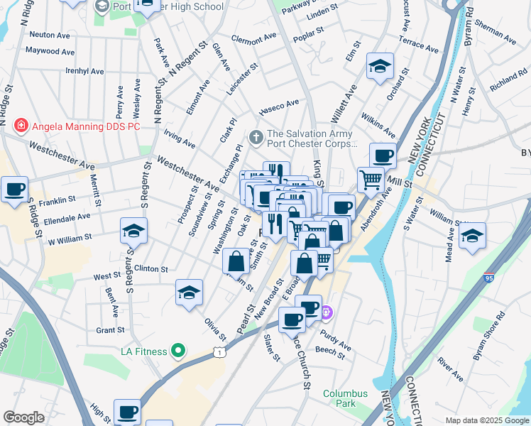 map of restaurants, bars, coffee shops, grocery stores, and more near 168A Irving Avenue in Port Chester