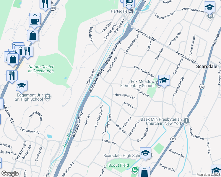 map of restaurants, bars, coffee shops, grocery stores, and more near 180 Fox Meadow Road in Scarsdale