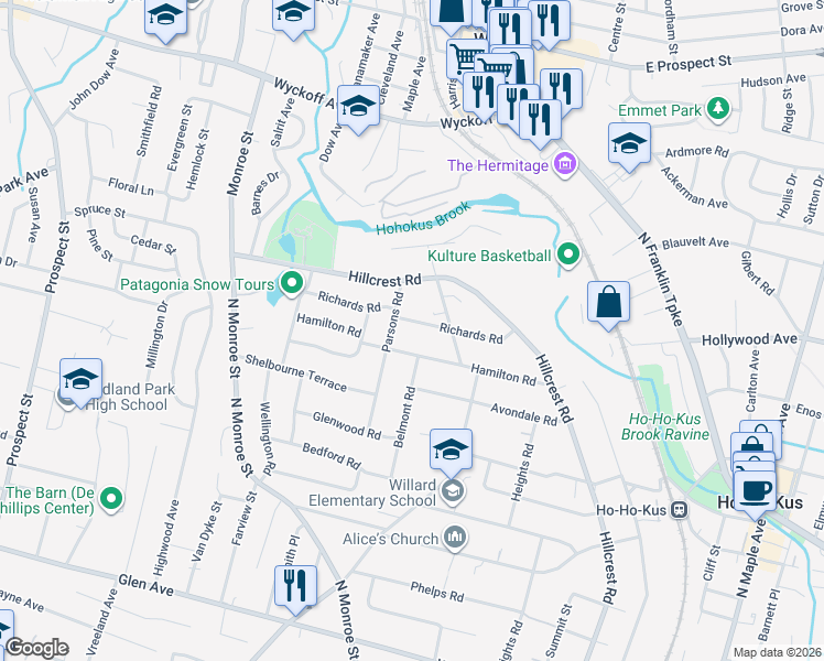 map of restaurants, bars, coffee shops, grocery stores, and more near 317 Hamilton Road in Ridgewood