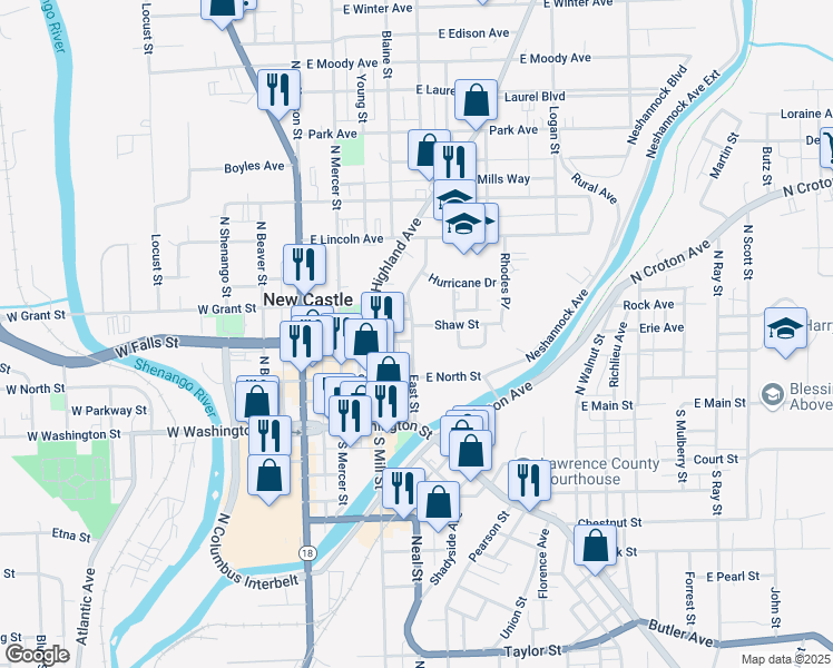 map of restaurants, bars, coffee shops, grocery stores, and more near 214 East Street in New Castle