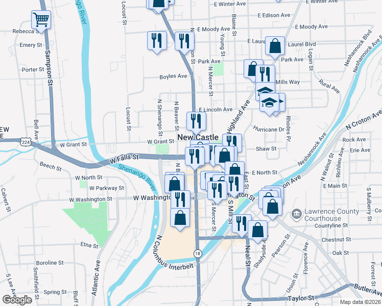 map of restaurants, bars, coffee shops, grocery stores, and more near 211 North Jefferson Street in New Castle