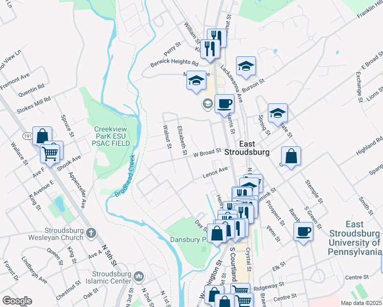map of restaurants, bars, coffee shops, grocery stores, and more near 79 West Broad Street in East Stroudsburg