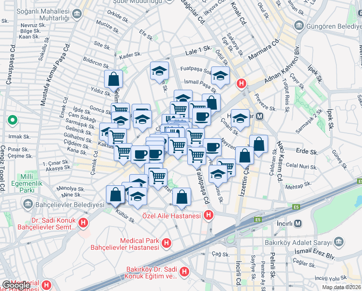 map of restaurants, bars, coffee shops, grocery stores, and more near Adnan Kahveci Bulvarı in Bahçelievler