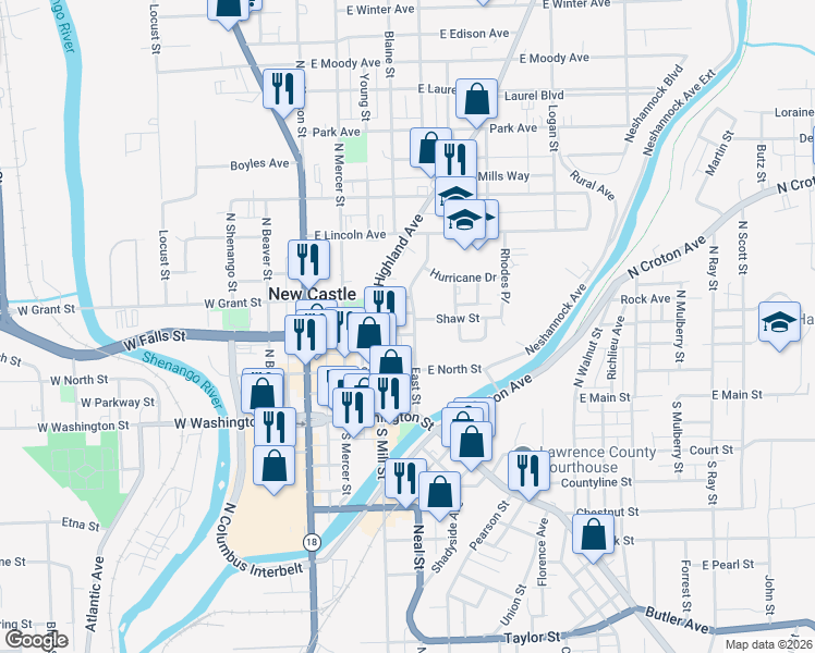 map of restaurants, bars, coffee shops, grocery stores, and more near 223 East Falls Street in New Castle