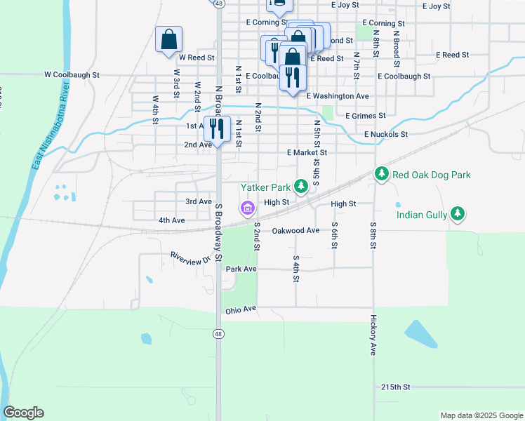 map of restaurants, bars, coffee shops, grocery stores, and more near 302 South 2nd Street in Red Oak