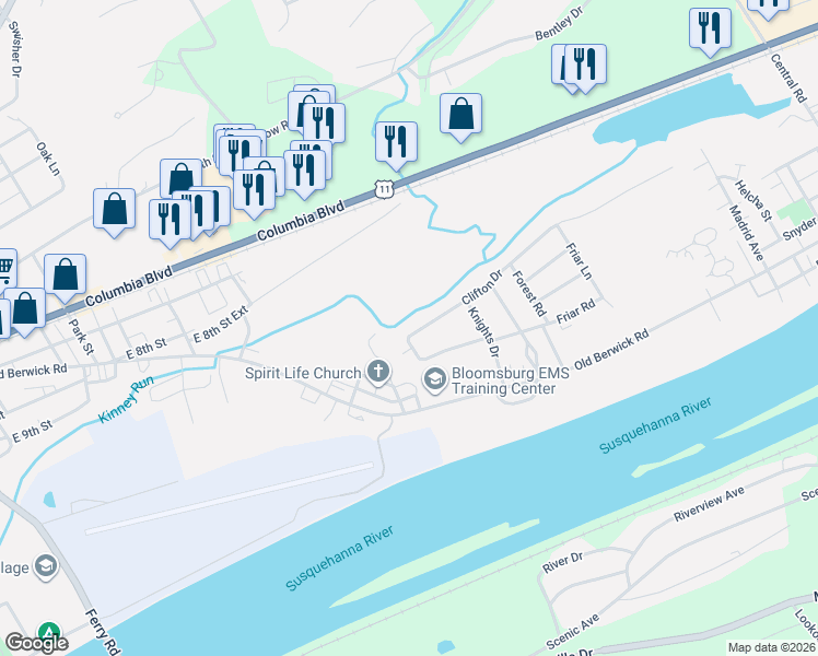 map of restaurants, bars, coffee shops, grocery stores, and more near 161 Clifton Dr in Bloomsburg