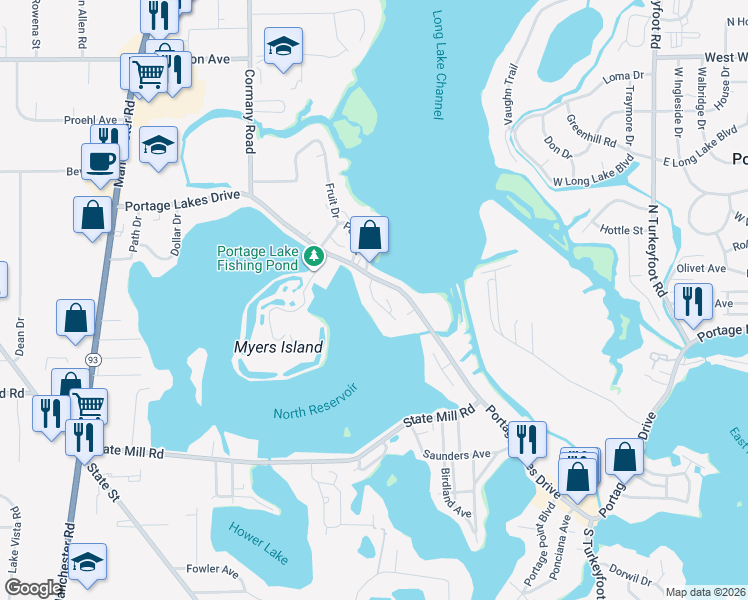 map of restaurants, bars, coffee shops, grocery stores, and more near 3427 Longworth Lane in Akron