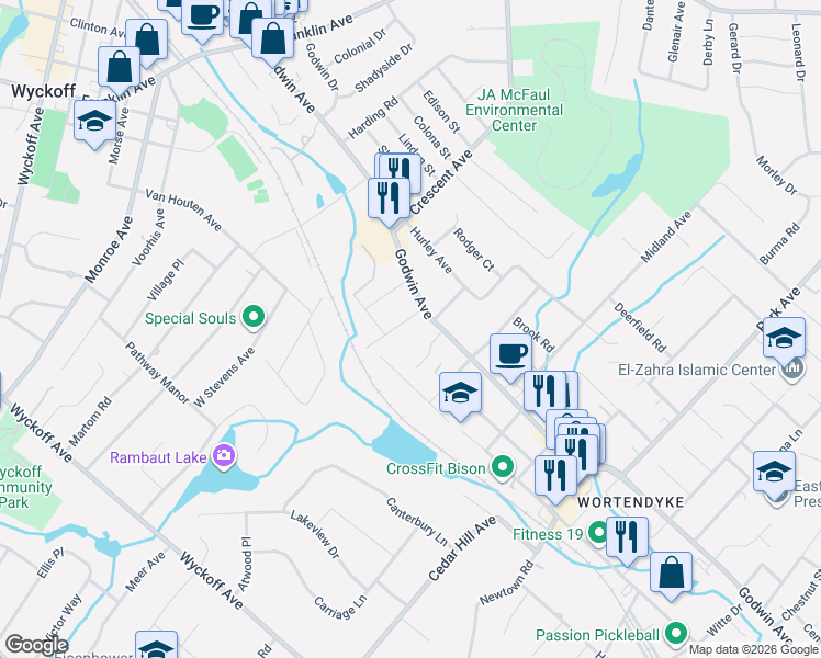 map of restaurants, bars, coffee shops, grocery stores, and more near 160 Packard Avenue in Wyckoff