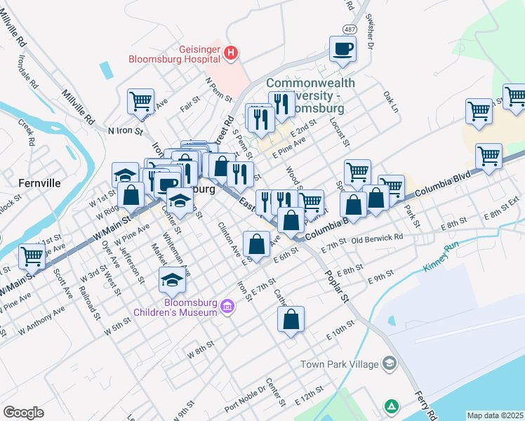 map of restaurants, bars, coffee shops, grocery stores, and more near 418 East Street in Bloomsburg