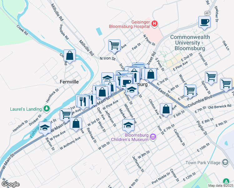 map of restaurants, bars, coffee shops, grocery stores, and more near 102 West Main Street in Bloomsburg