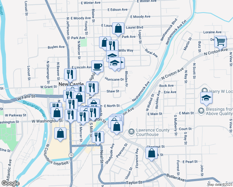 map of restaurants, bars, coffee shops, grocery stores, and more near 313 East Falls Street in New Castle
