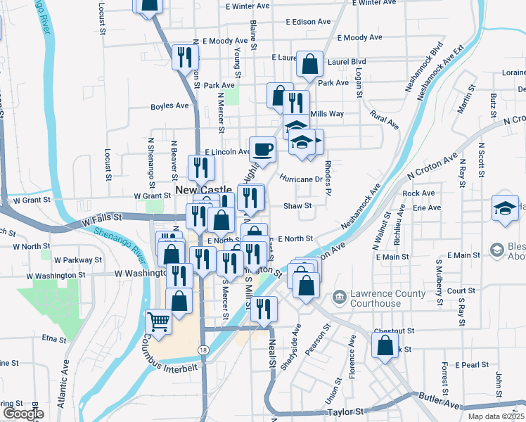 map of restaurants, bars, coffee shops, grocery stores, and more near 214 East Street in New Castle