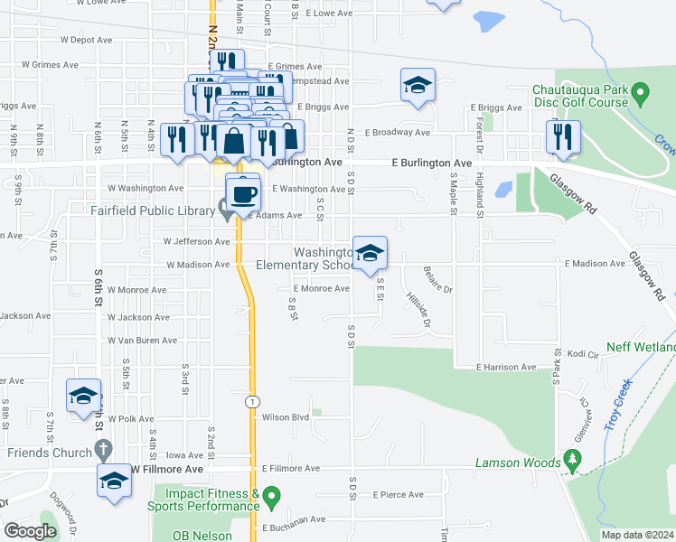map of restaurants, bars, coffee shops, grocery stores, and more near 309 East Monroe Avenue in Fairfield