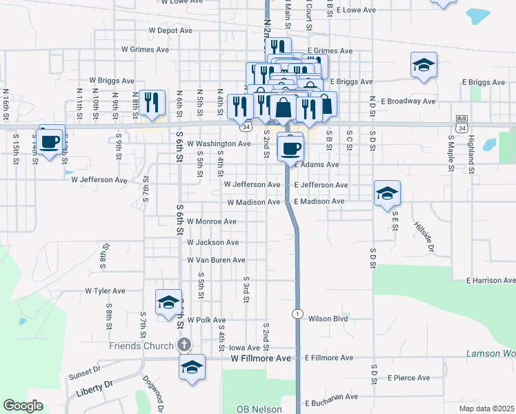 map of restaurants, bars, coffee shops, grocery stores, and more near 501-549 South 2nd Street in Fairfield