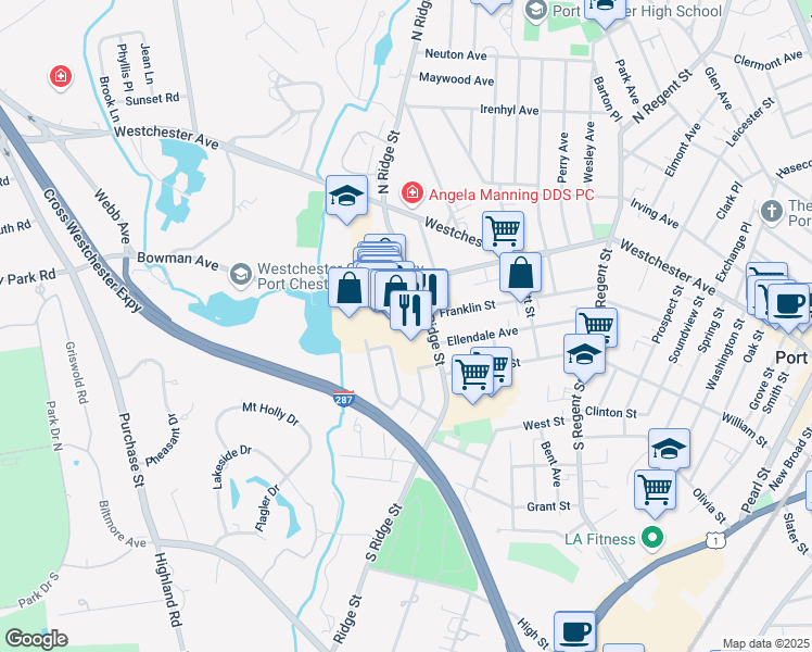 map of restaurants, bars, coffee shops, grocery stores, and more near 27 Rye Ridge Plaza in Rye Brook