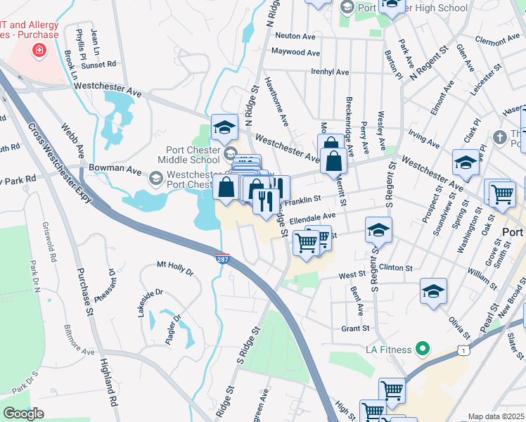 map of restaurants, bars, coffee shops, grocery stores, and more near 27 Rye Ridge Plaza in Rye Brook