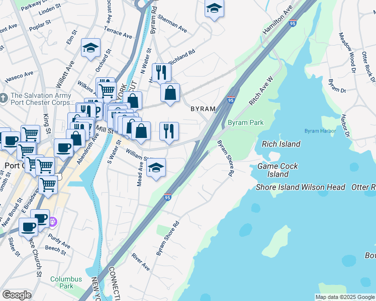map of restaurants, bars, coffee shops, grocery stores, and more near 9 Tingue Street in Greenwich