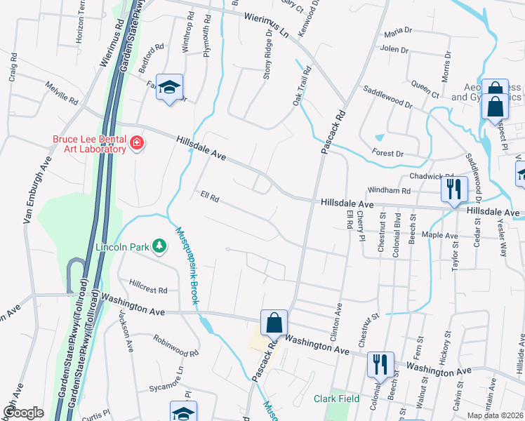 map of restaurants, bars, coffee shops, grocery stores, and more near 264 Ell Road in Hillsdale
