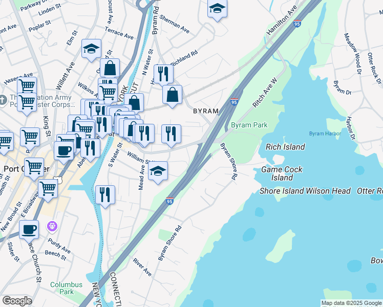 map of restaurants, bars, coffee shops, grocery stores, and more near 9 Tingue Street in Greenwich