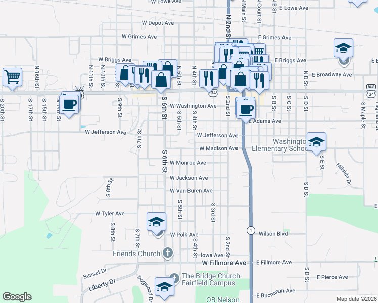 map of restaurants, bars, coffee shops, grocery stores, and more near 502 South 4th Street in Fairfield