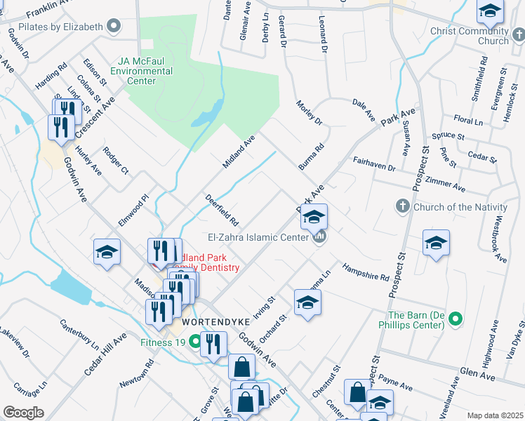 map of restaurants, bars, coffee shops, grocery stores, and more near 73 Burma Road in Wyckoff
