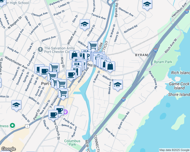 map of restaurants, bars, coffee shops, grocery stores, and more near 34 South Water Street in Greenwich
