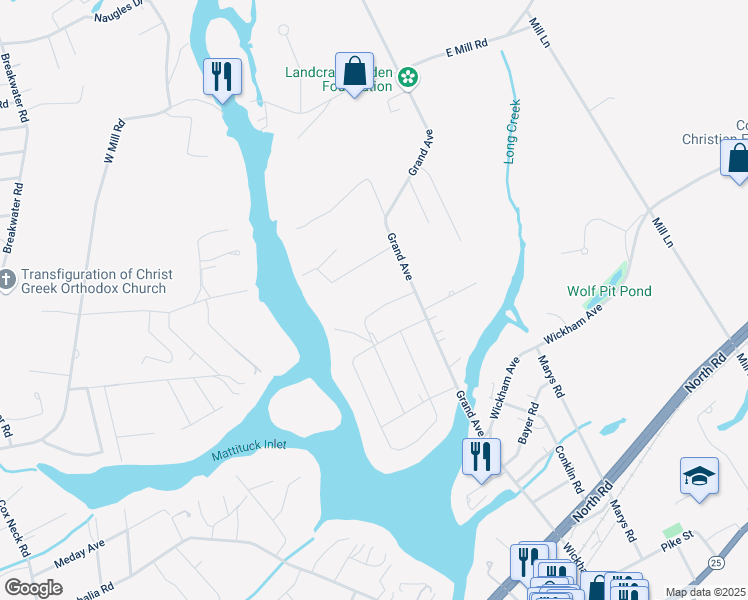 map of restaurants, bars, coffee shops, grocery stores, and more near 1435 Woodcliff Drive in Mattituck