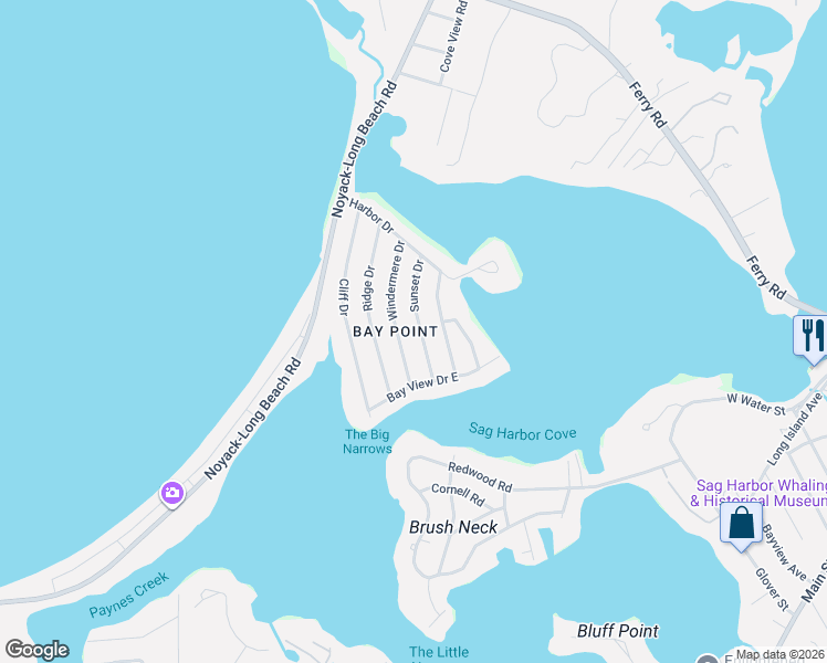 map of restaurants, bars, coffee shops, grocery stores, and more near 36 Sunset Drive in Sag Harbor